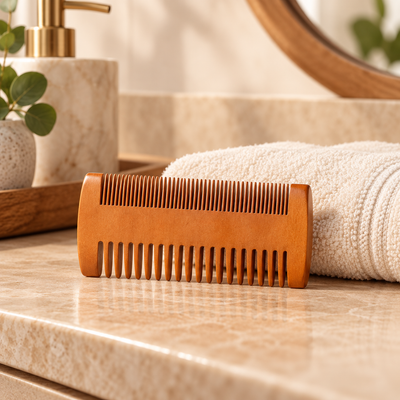 Blank pear wood double sided comb on a neutral vanity