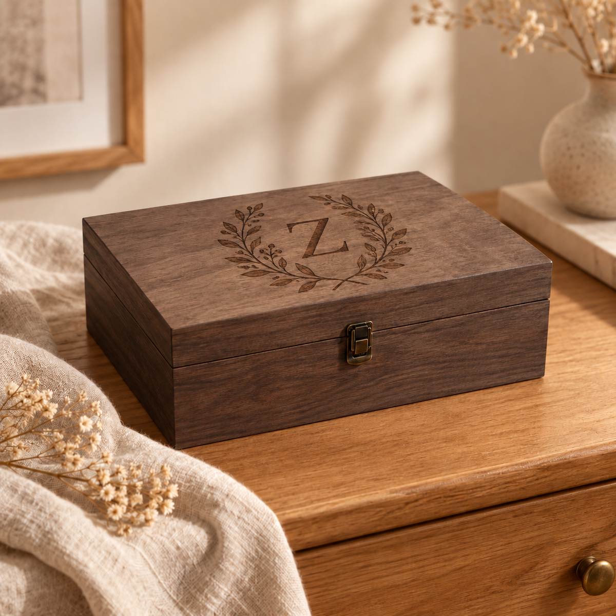 Dark walnut memory box with botanical Z monogram engraving